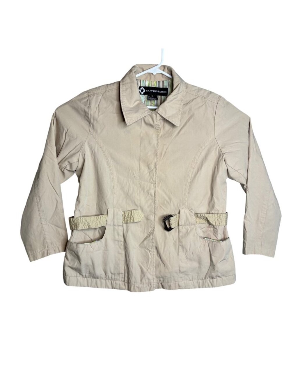 Outeredge 1X Beige Trench Coat Jacket Womens Cotton Blend Belted Snap Front